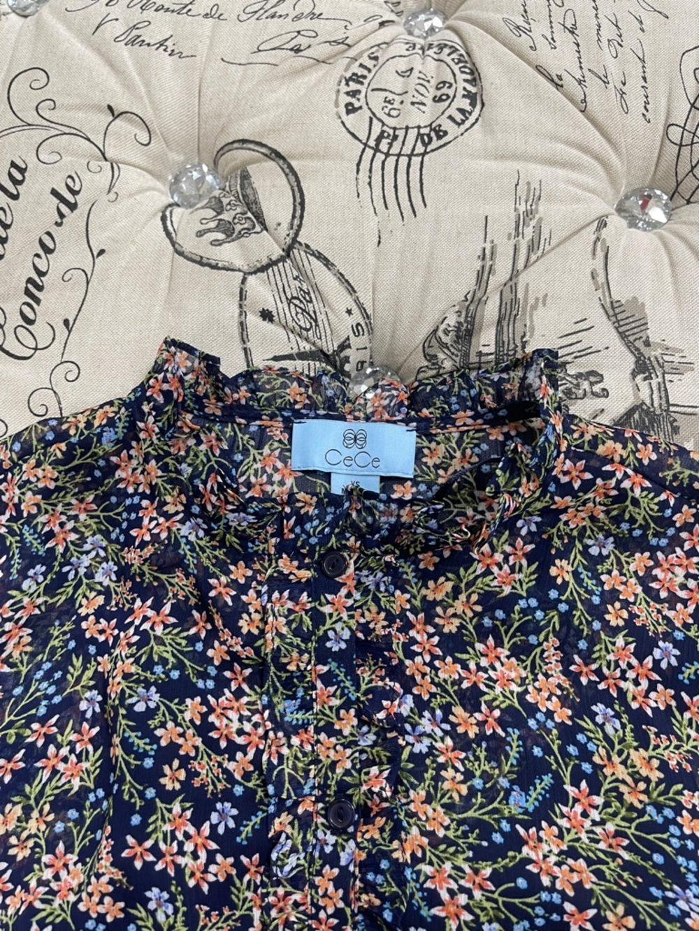 CeCe Navy Floral Button-Front Top with Ruffle Trim - Picture 3 of 10